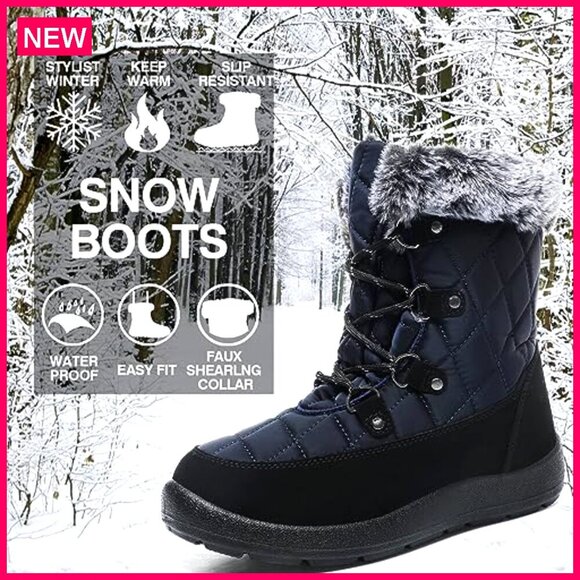 Mid Calf Snow Boots with Faux Fur, Insulated, Lace-Up, Outdoor Winter - Picture 7 of 8